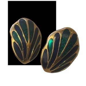 1980s Rich Blue & Green Enamel Clip Earrings